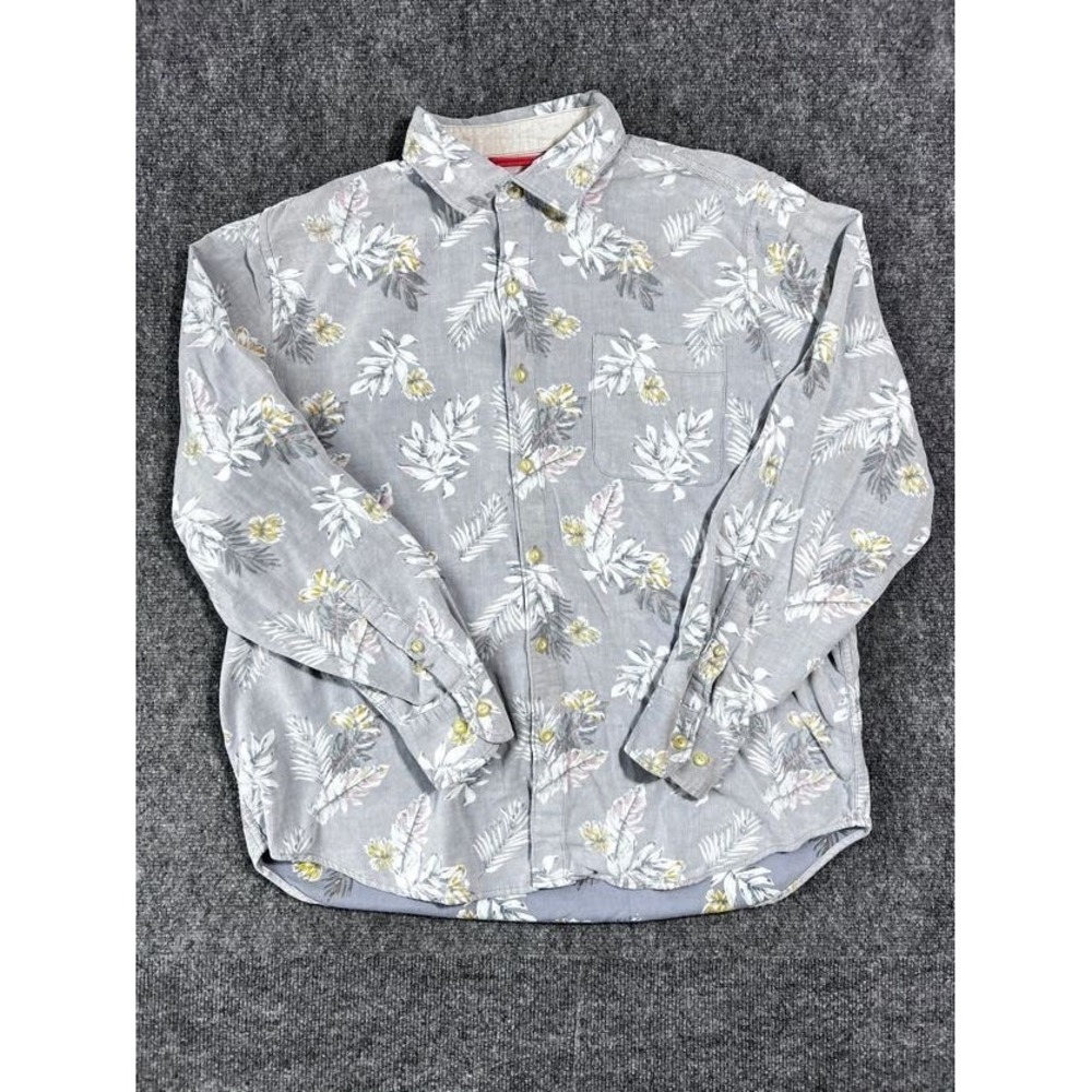 Tommy Bahama Corduroy Shirt Men Large Grey Tropical Floral Long Sleeve Button Up